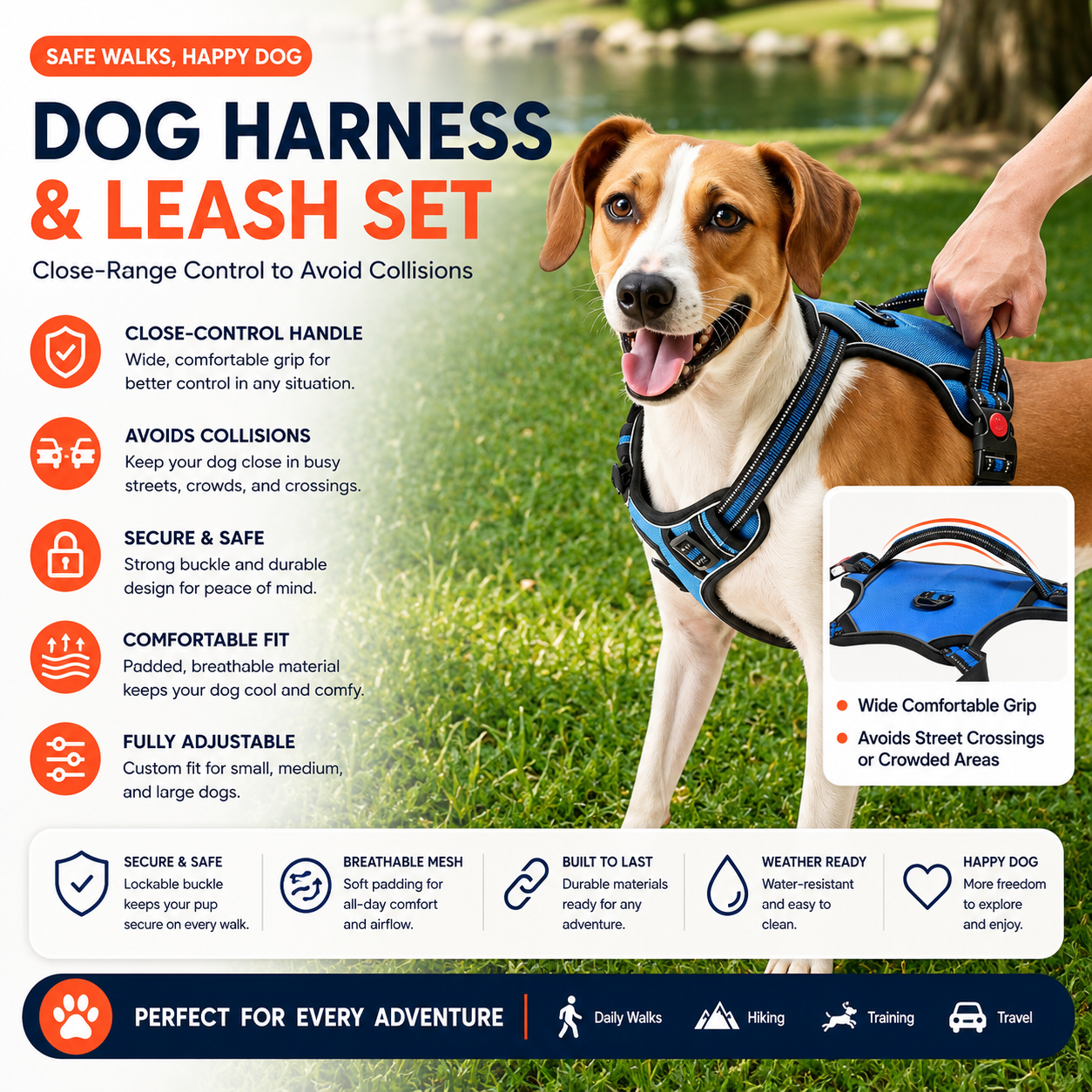 No-Pull Adjustable Dog Vest Harness with Leash & Reflective Stitching