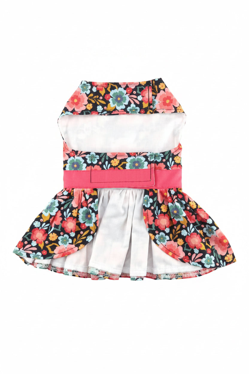 Dog dress with floral pattern and white base on a white background