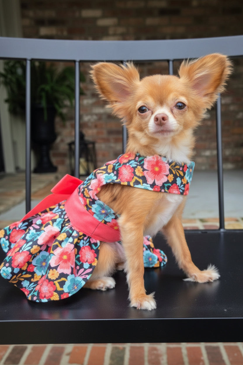 Small dog wearing a floral dress standing on a black surface.
