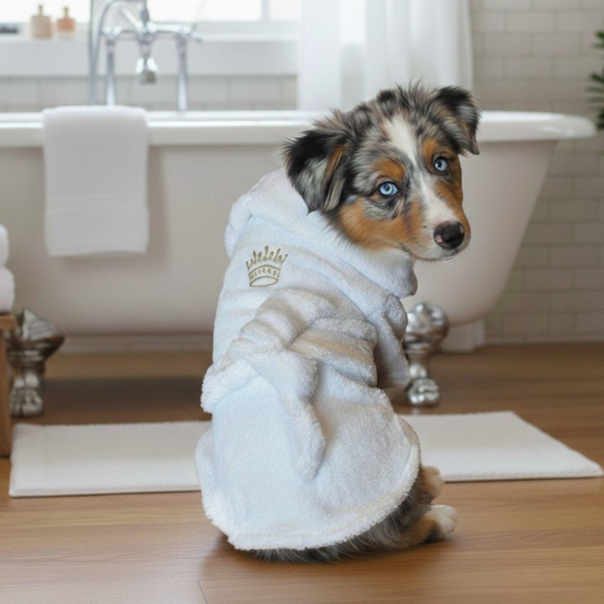 Dog wearing a white robe with a crown design in a bathroom setting