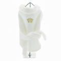 White fluffy hooded towel with a gold crown logo on a mannequin against a white background