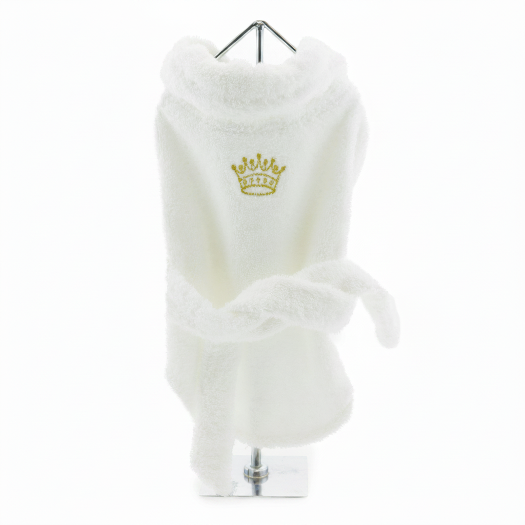White Gold Crown Cotton Dog Bathrobe by Doggie Design