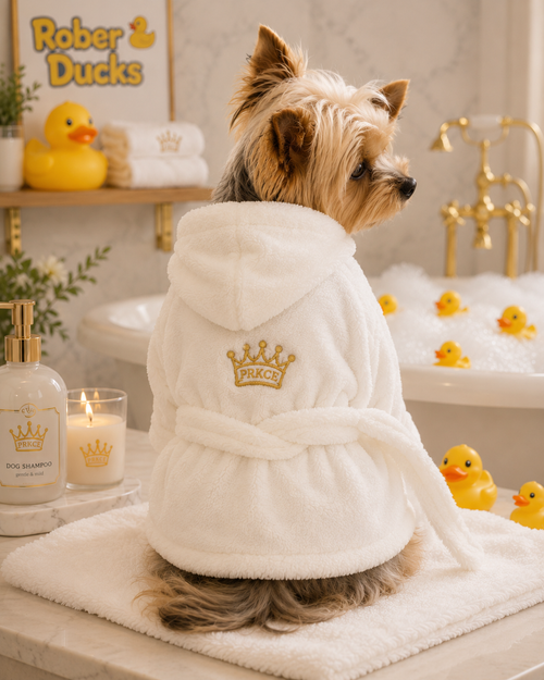 White Gold Crown Cotton Dog Bathrobe by Doggie Design
