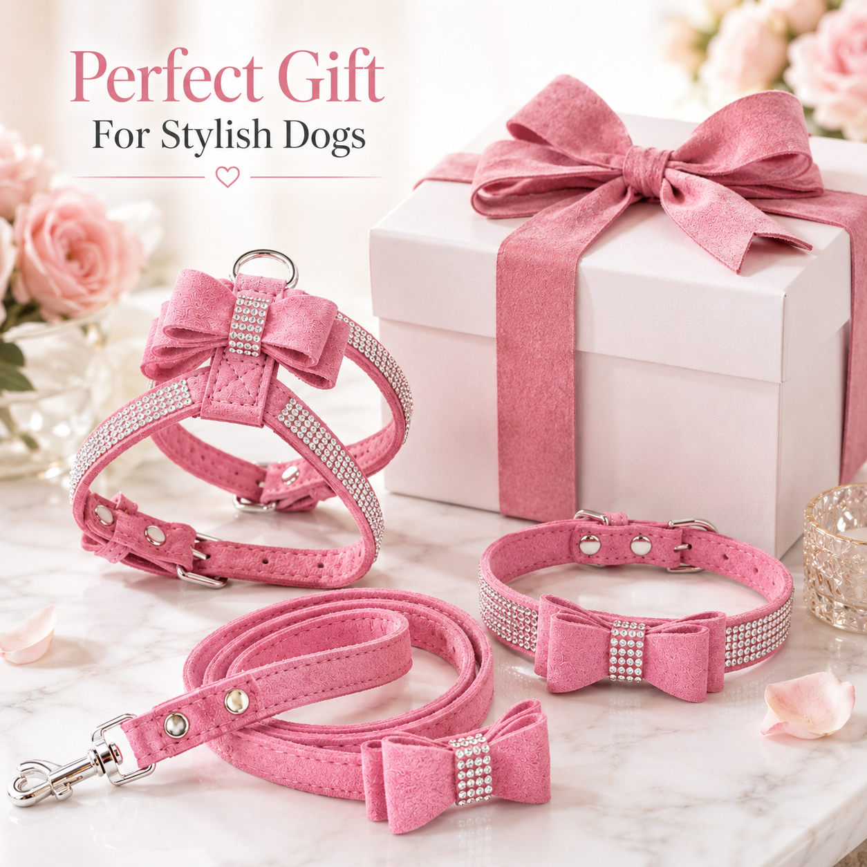 PRE-ORDER - Bling Rhinestone Bow Dog Harness Collar Leash Set