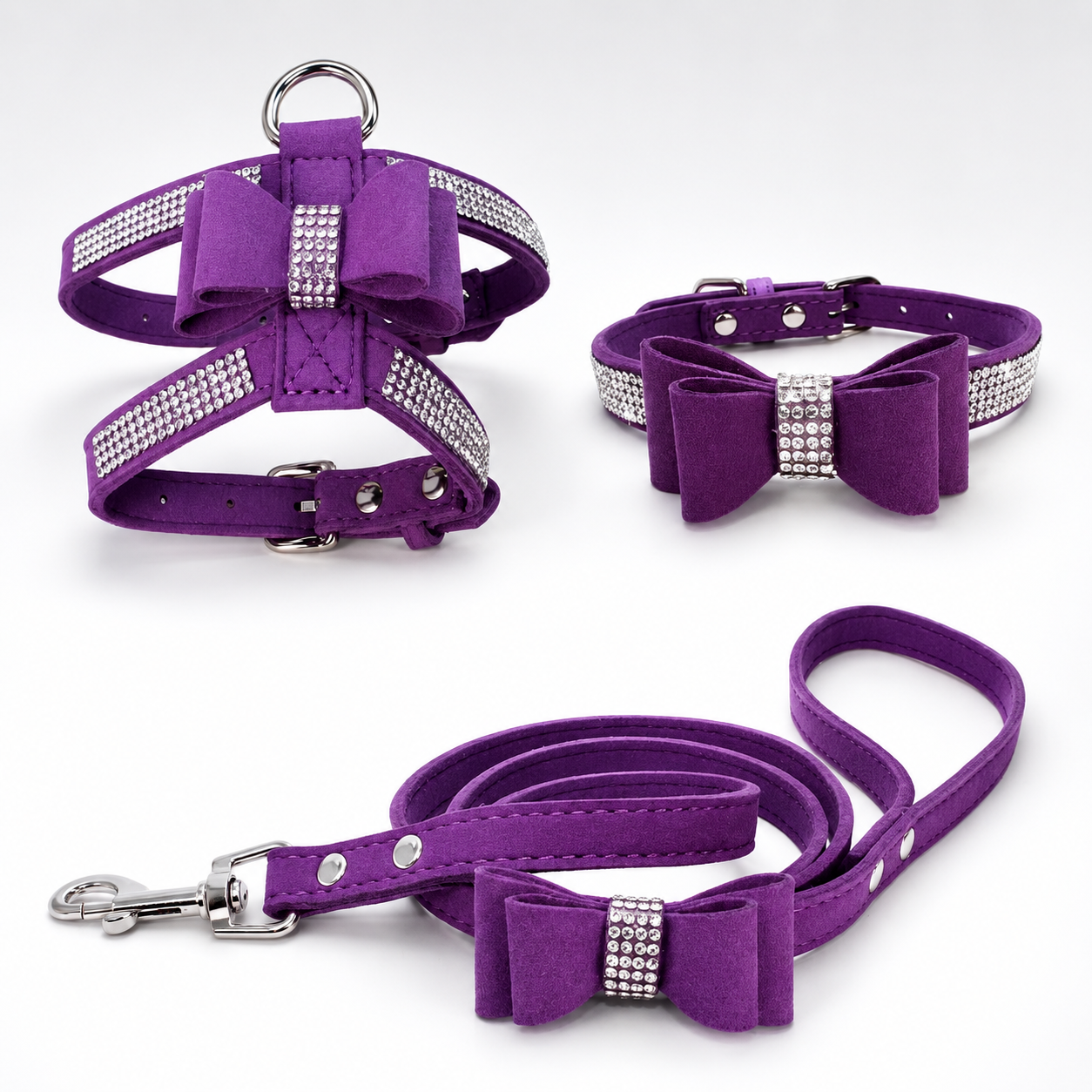 PRE-ORDER - Bling Rhinestone Bow Dog Harness Collar Leash Set