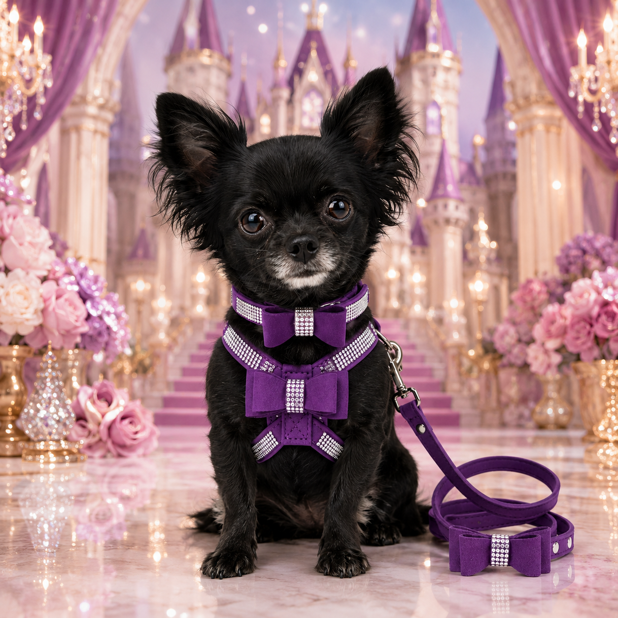 PRE-ORDER - Bling Rhinestone Bow Dog Harness Collar Leash Set