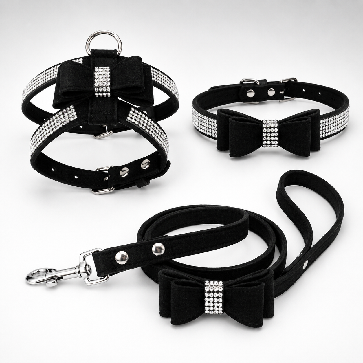 PRE-ORDER - Bling Rhinestone Bow Dog Harness Collar Leash Set