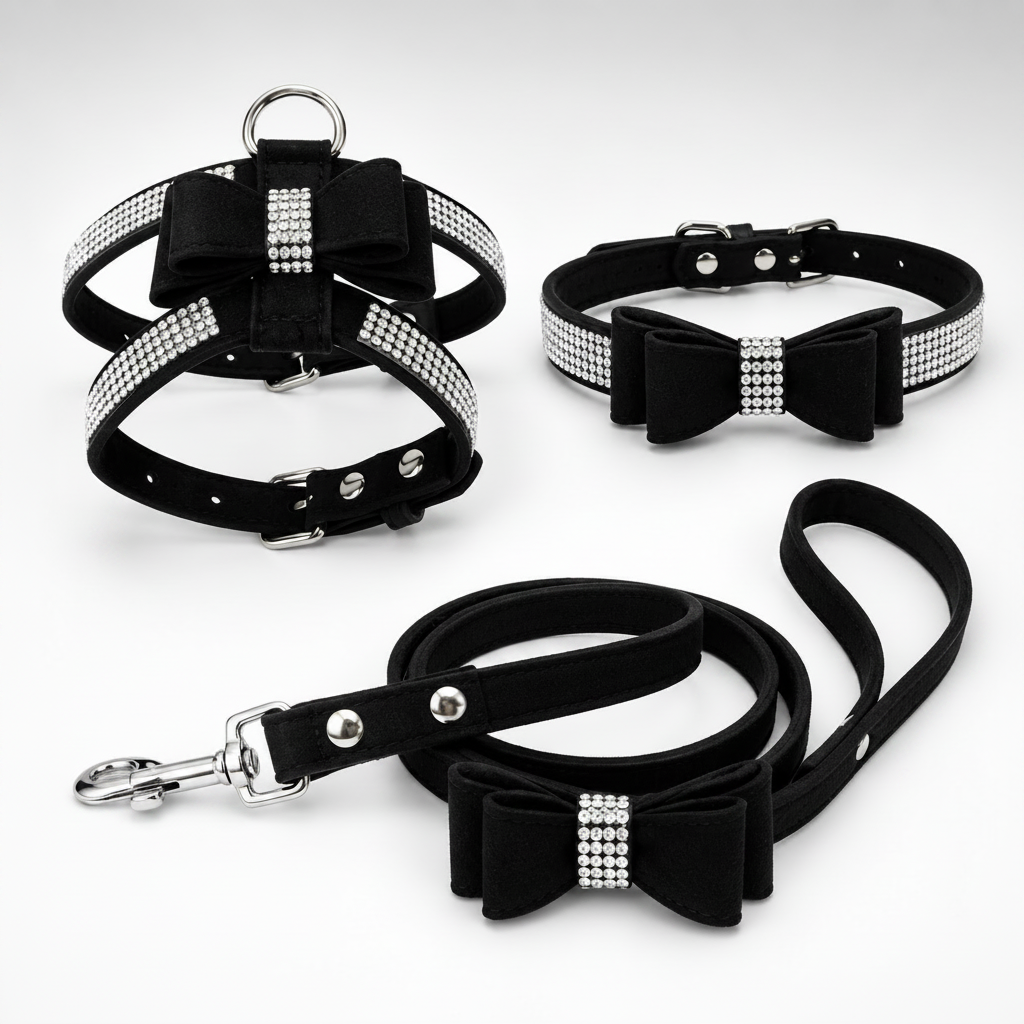 Black dog collar, harness, and leash set with bow ties and rhinestone details on a white background.