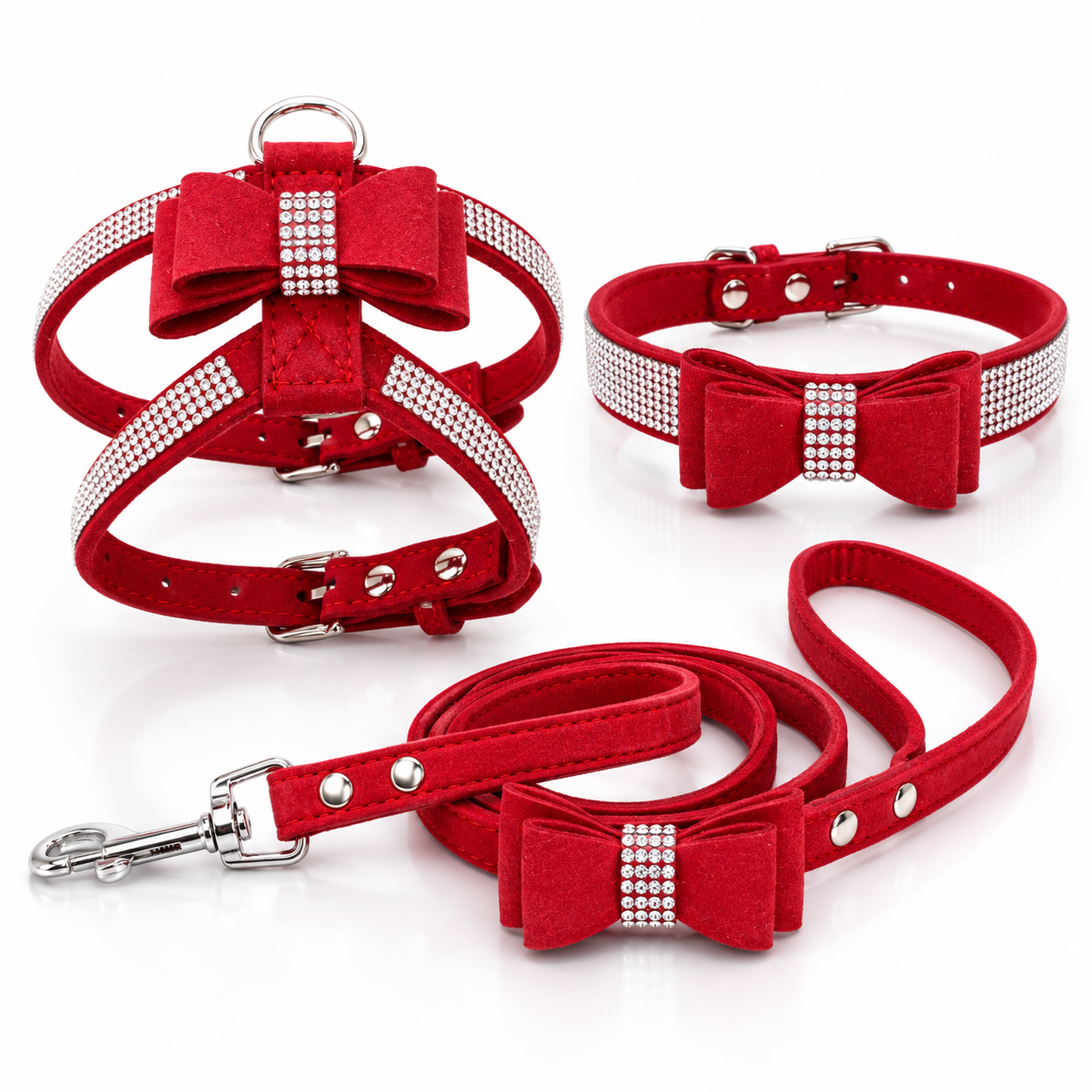PRE-ORDER - Bling Rhinestone Bow Dog Harness Collar Leash Set