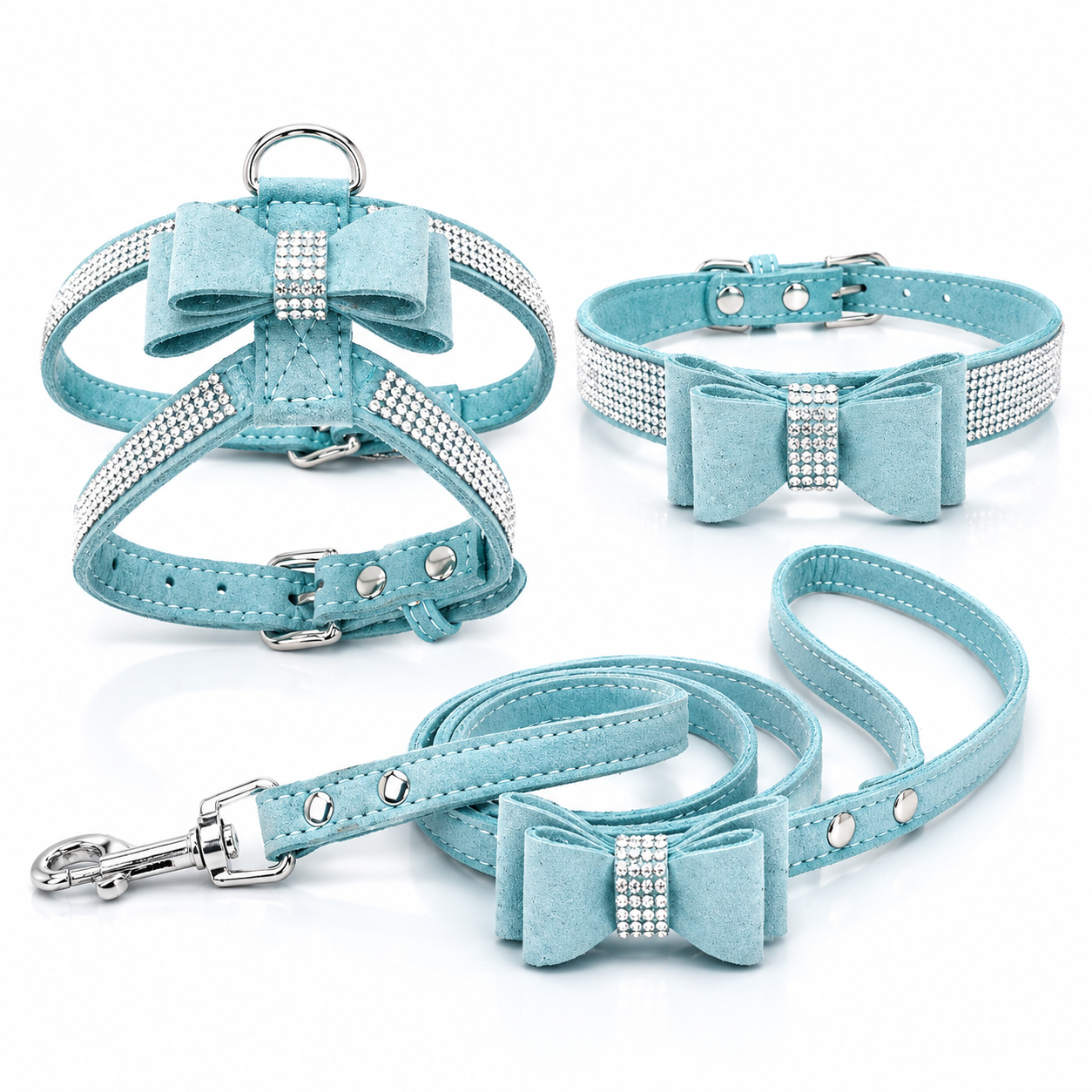 PRE-ORDER - Bling Rhinestone Bow Dog Harness Collar Leash Set