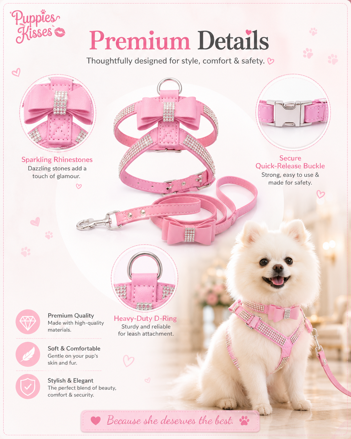 PRE-ORDER - Bling Rhinestone Bow Dog Harness Collar Leash Set