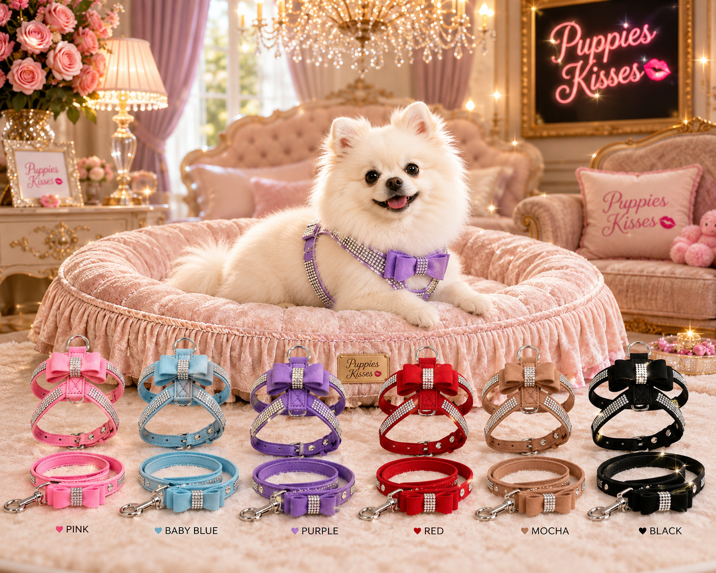 PRE-ORDER - Bling Rhinestone Bow Dog Harness Collar Leash Set