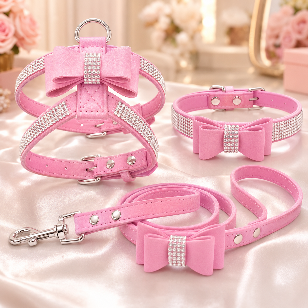 PRE-ORDER - Bling Rhinestone Bow Dog Harness Collar Leash Set