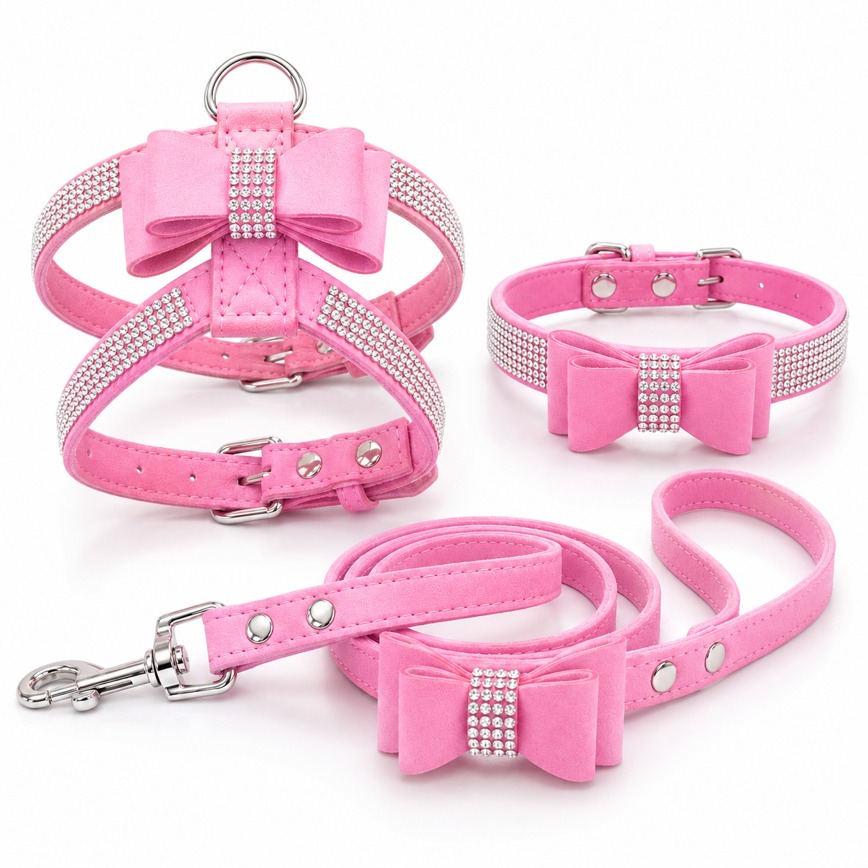 PRE-ORDER - Bling Rhinestone Bow Dog Harness Collar Leash Set