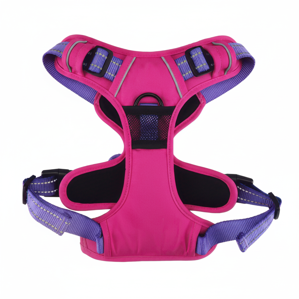 Pink and purple dog harness on a white background