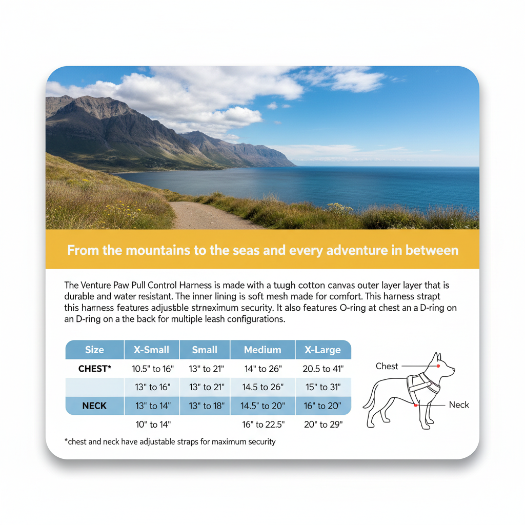 Doggie Design product description card with mountains and a dog on a leash in the background