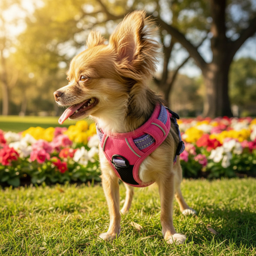 Small dog wearing a pink harness standing on a wooden dock by a body of water.