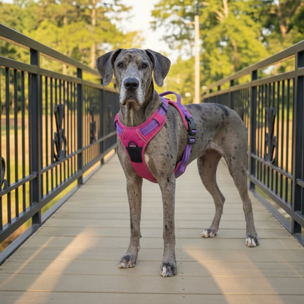 Dog wearing a pink harness standing on a wooden deck with greenery in the background