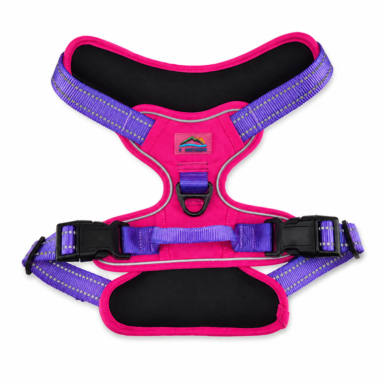 Pink and purple dog harness on a white background
