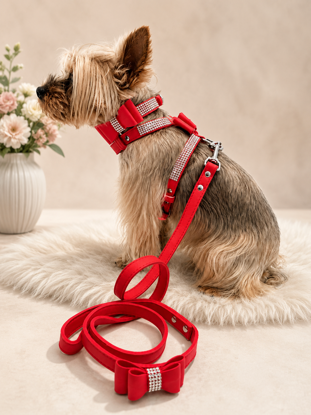 A small Yorkshire Terrier sits on a white faux-fur rug wearing a bright red bow-front harness and matching leash with rhinestone accents, in a softly styled indoor setting with a vase of flowers.