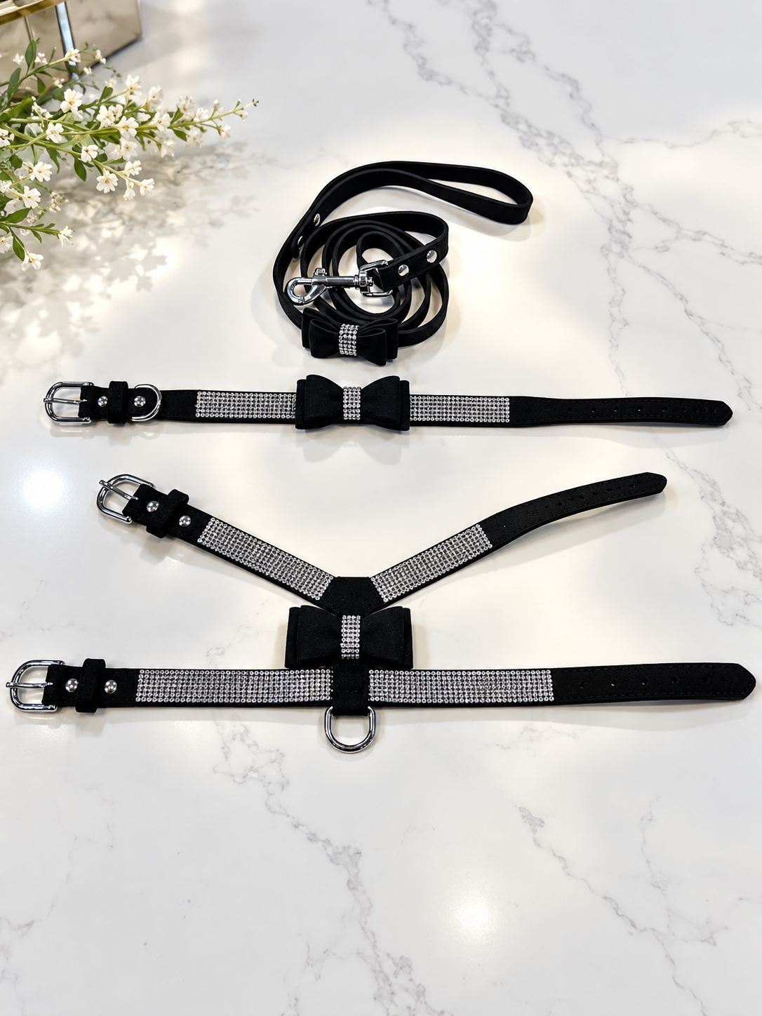 NEW Bling Rhinestone Bow Dog Harness Collar & Leash Set – Small Dogs