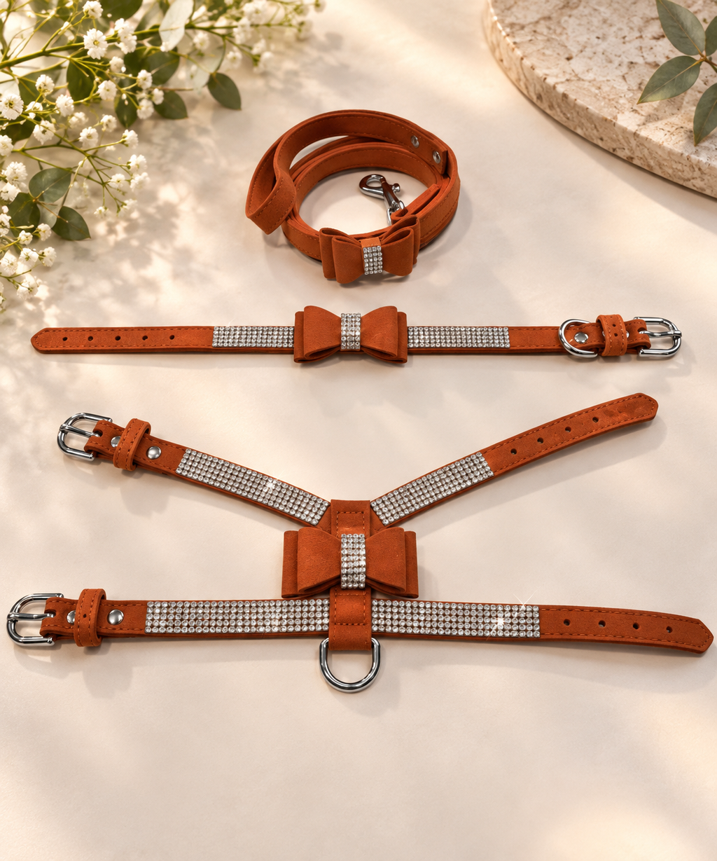 A matching pet harness and leash set in warm brown faux leather, decorated with silver rhinestone bow details and silver-tone metal hardware, arranged on a cream fabric background with decorative flowers.
