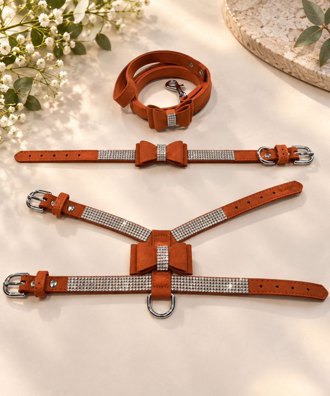 NEW Bling Rhinestone Bow Dog Harness Collar & Leash Set – Small Dogs