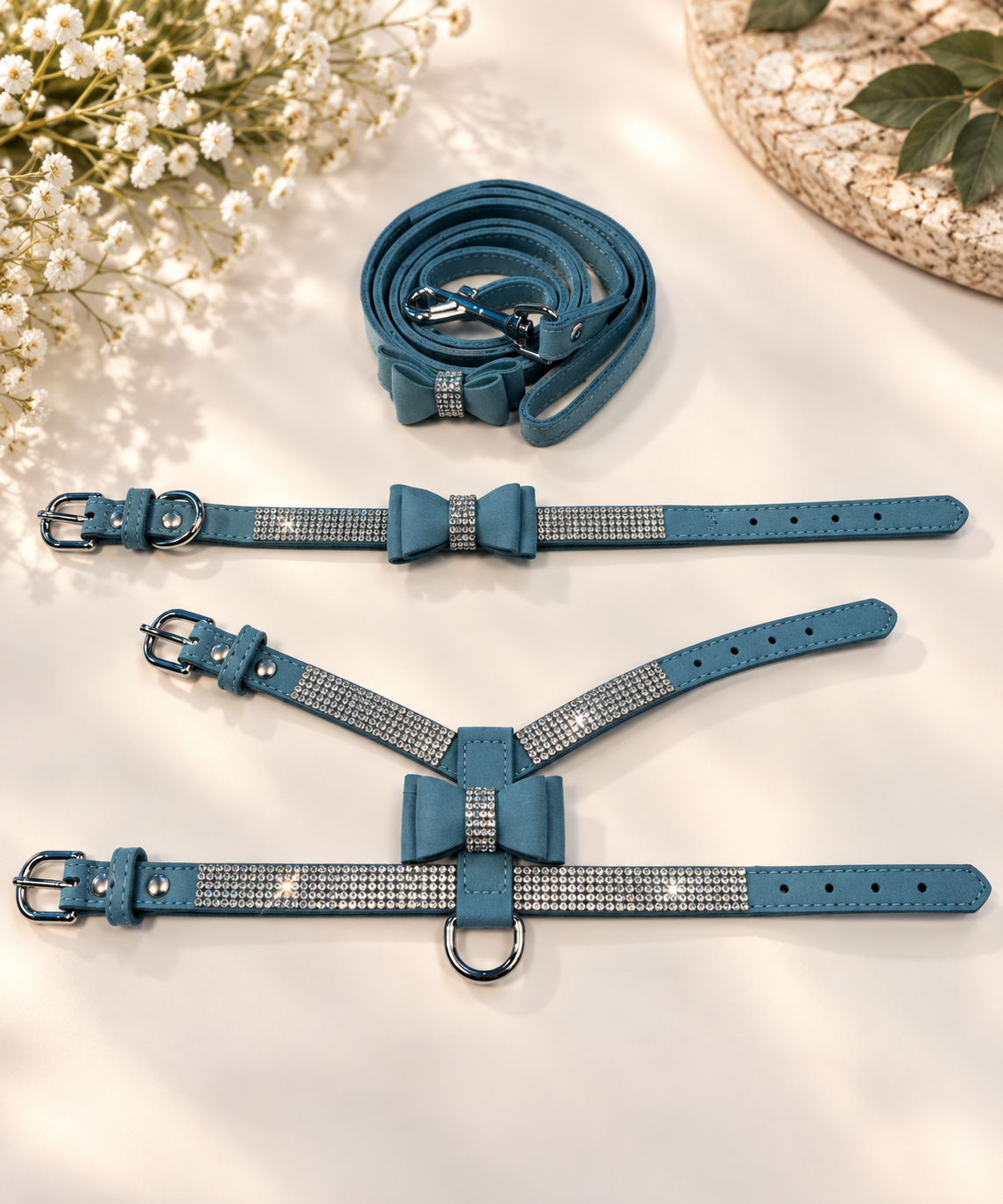 NEW Bling Rhinestone Bow Dog Harness Collar & Leash Set – Small Dogs