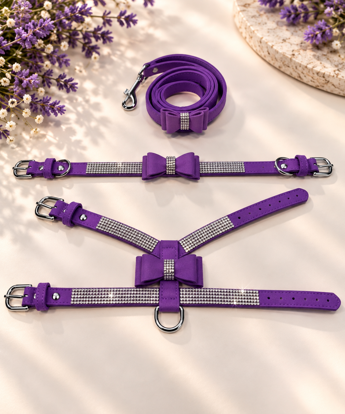 NEW Bling Rhinestone Bow Dog Harness Collar & Leash Set – Small Dogs