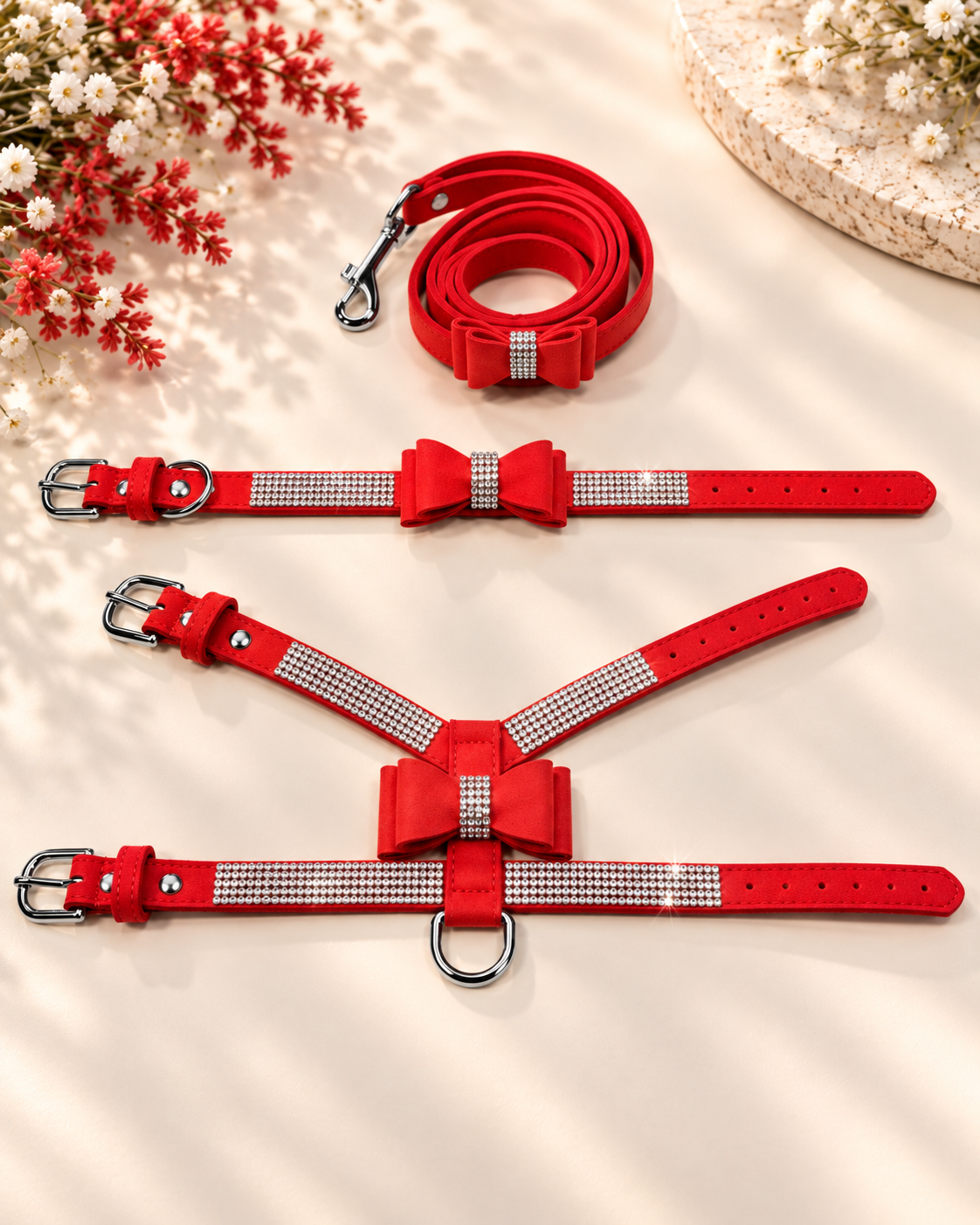 NEW Bling Rhinestone Bow Dog Harness Collar & Leash Set – Small Dogs