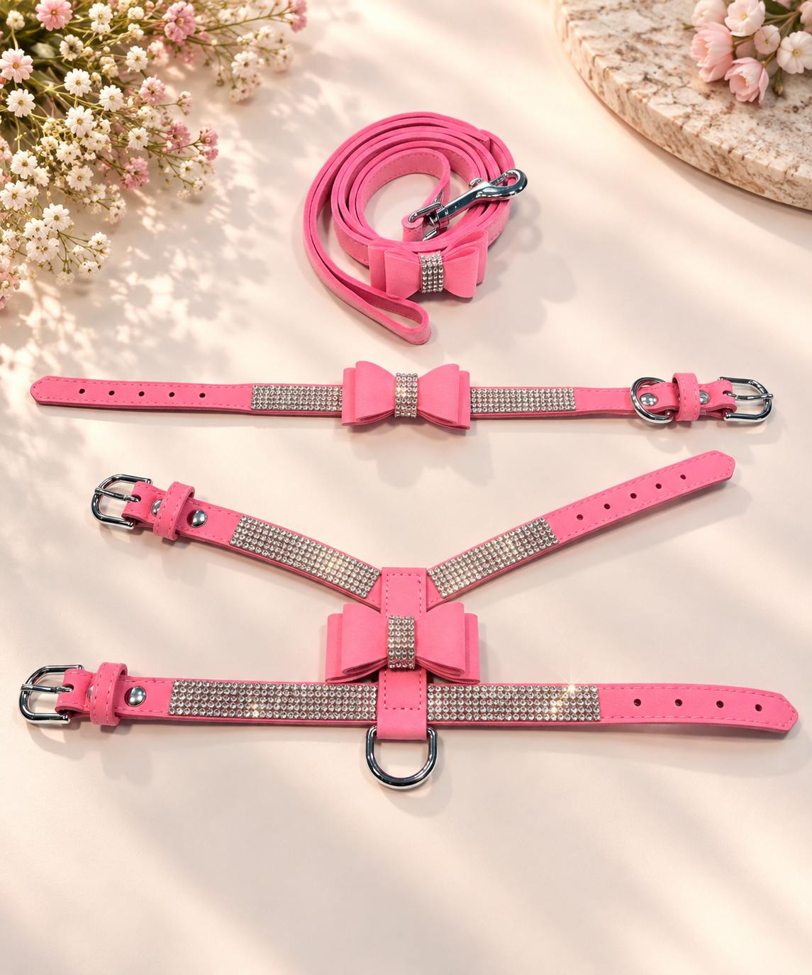 NEW Bling Rhinestone Bow Dog Harness Collar & Leash Set – Small Dogs