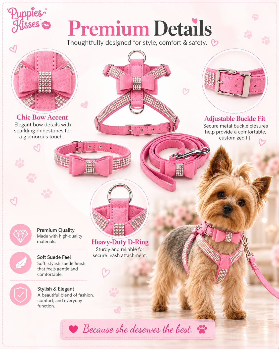 NEW Bling Rhinestone Bow Dog Harness Collar & Leash Set – Small Dogs