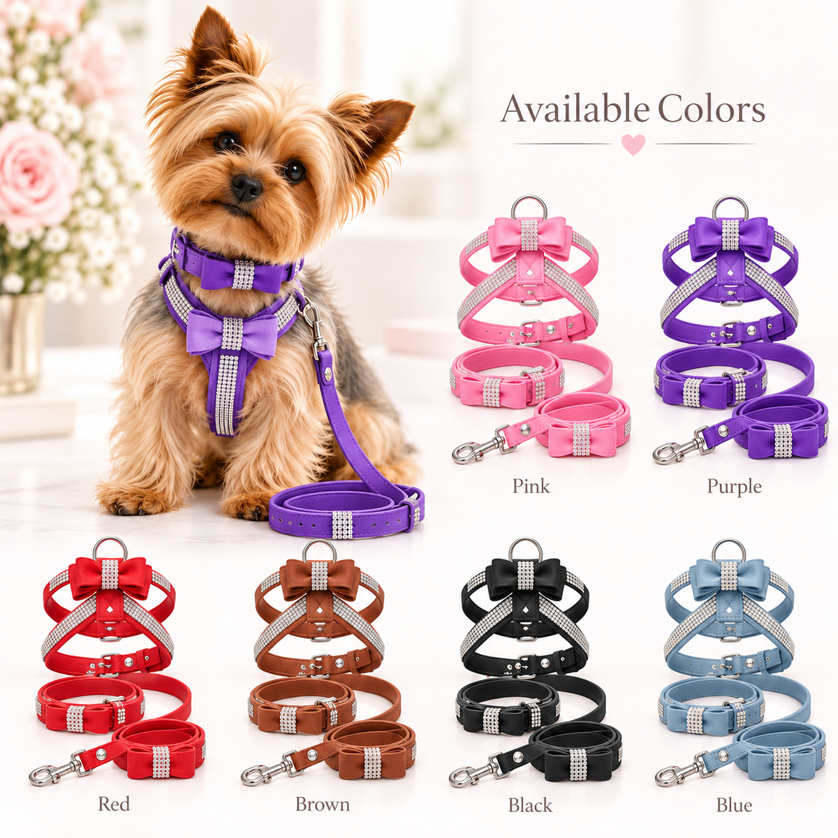 NEW Bling Rhinestone Bow Dog Harness Collar & Leash Set – Small Dogs