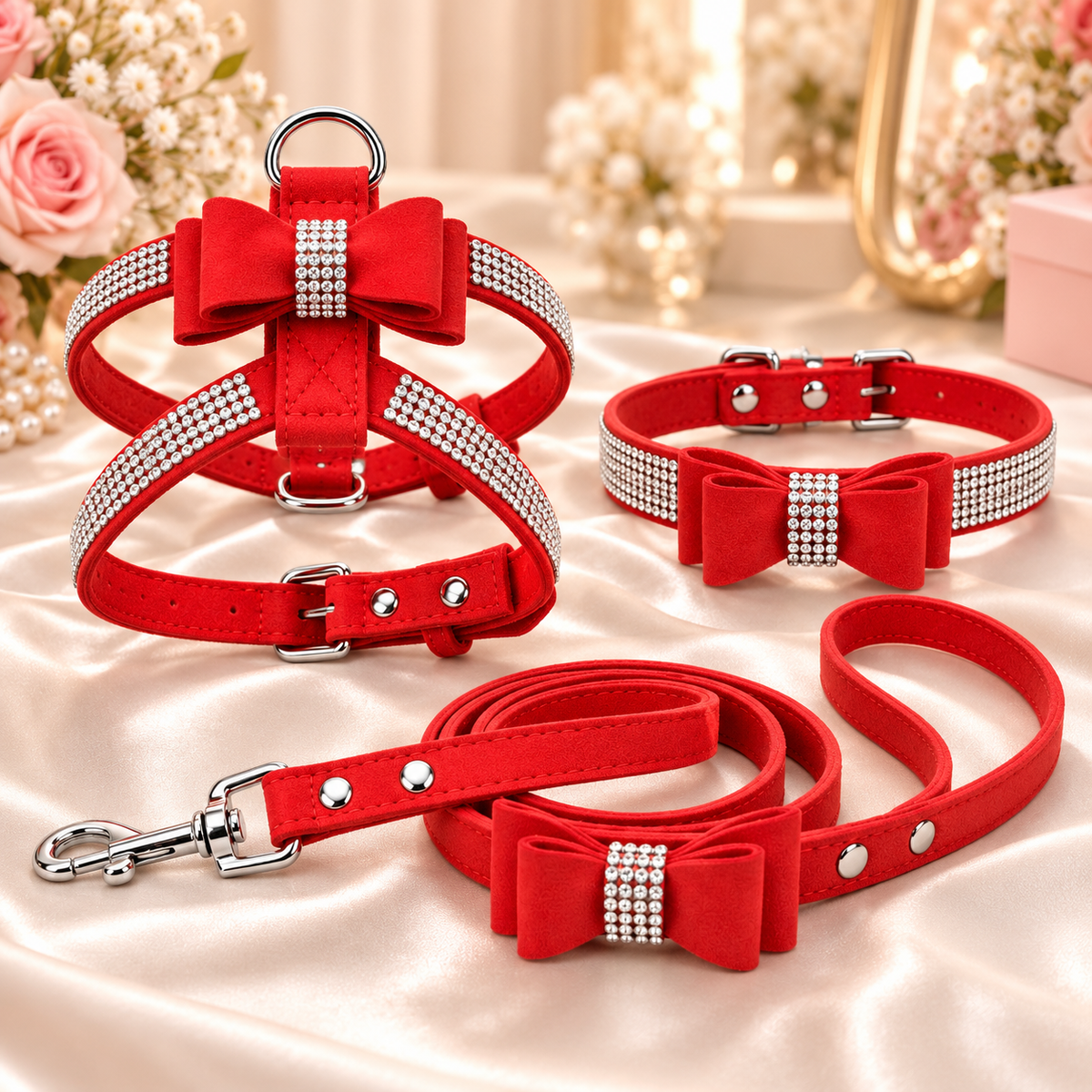 NEW Bling Rhinestone Bow Dog Harness Collar & Leash Set – Small Dogs
