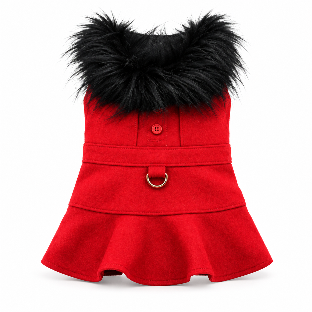 Red Wool Dog Harness Coat with Faux Fur and Collar