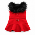 Red Wool Dog Harness Coat with Faux Fur and Collar