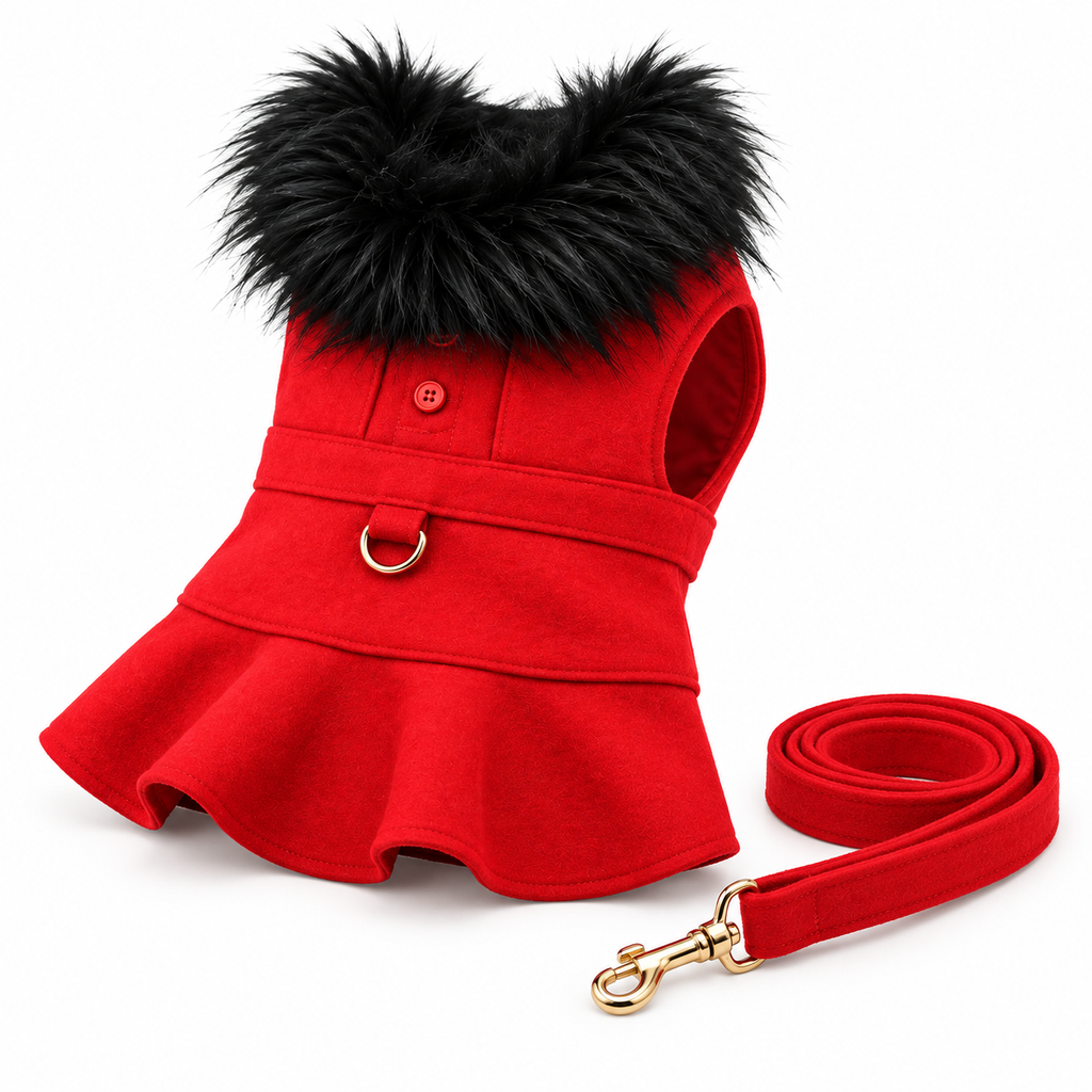 Red Wool Dog Harness Coat with Faux Fur and Collar