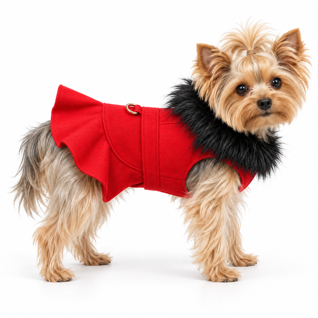 Red Wool Dog Harness Coat with Faux Fur and Collar