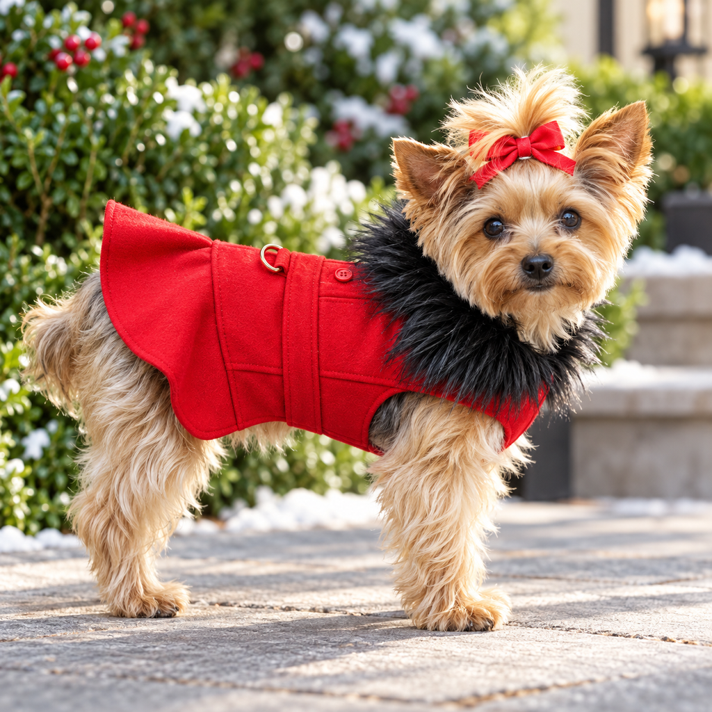 Red Wool Dog Harness Coat with Faux Fur and Collar