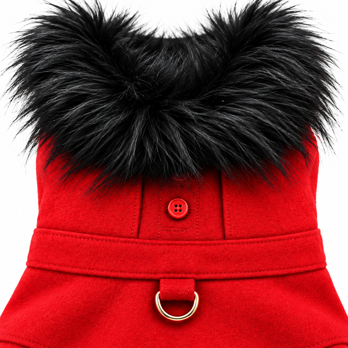 Red Wool Dog Harness Coat with Faux Fur and Collar