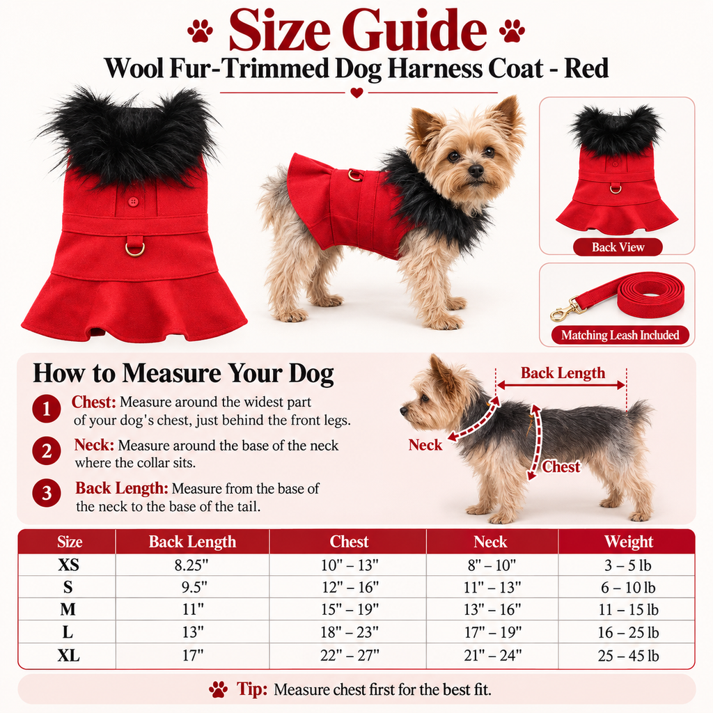 Red Wool Dog Harness Coat with Faux Fur and Collar