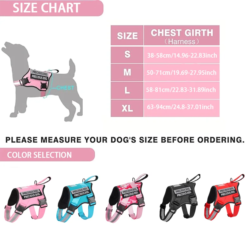 Dog harness size chart with color options on a white background