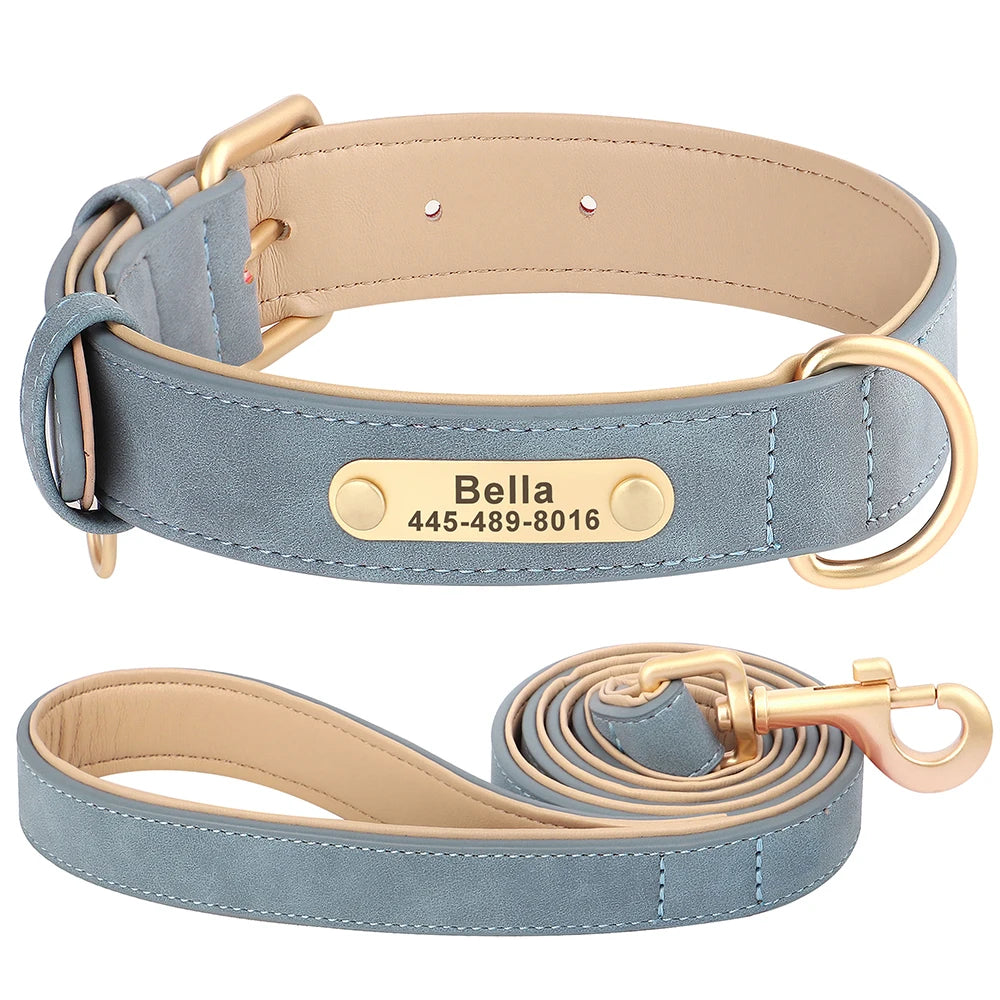 Personalized PU Leather Dog Collar & Leash Set – Free Custom ID Nameplate