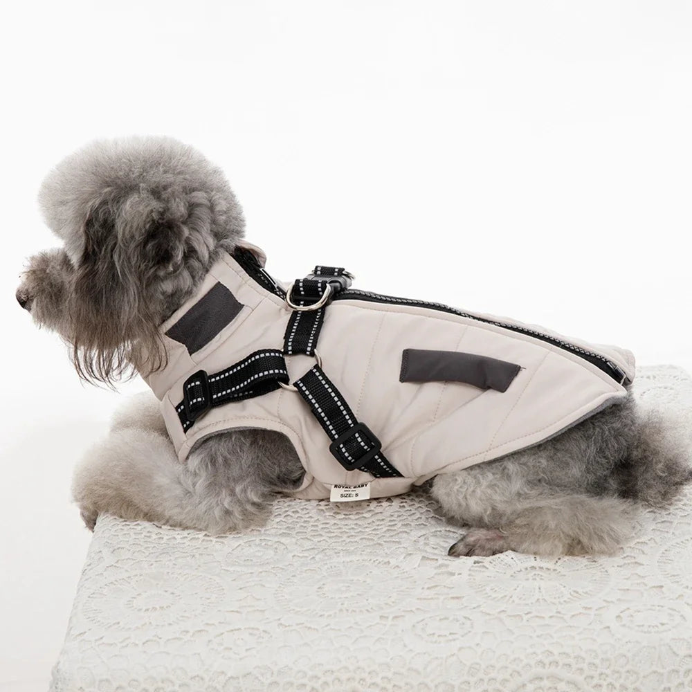 Windproof Hooded Dog Coat with Double-D Leash Ring – Warm Vest-Style Jacket for Dogs