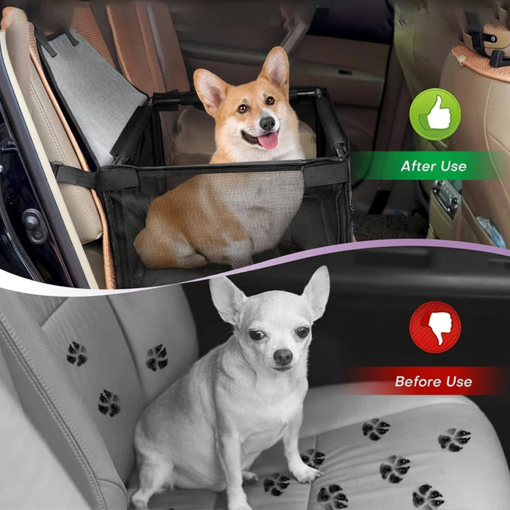 Dog using a car seat cover before and after use