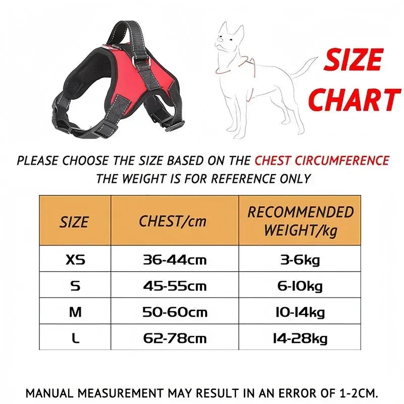 Dog harness size chart with measurements and weight recommendations on a white background