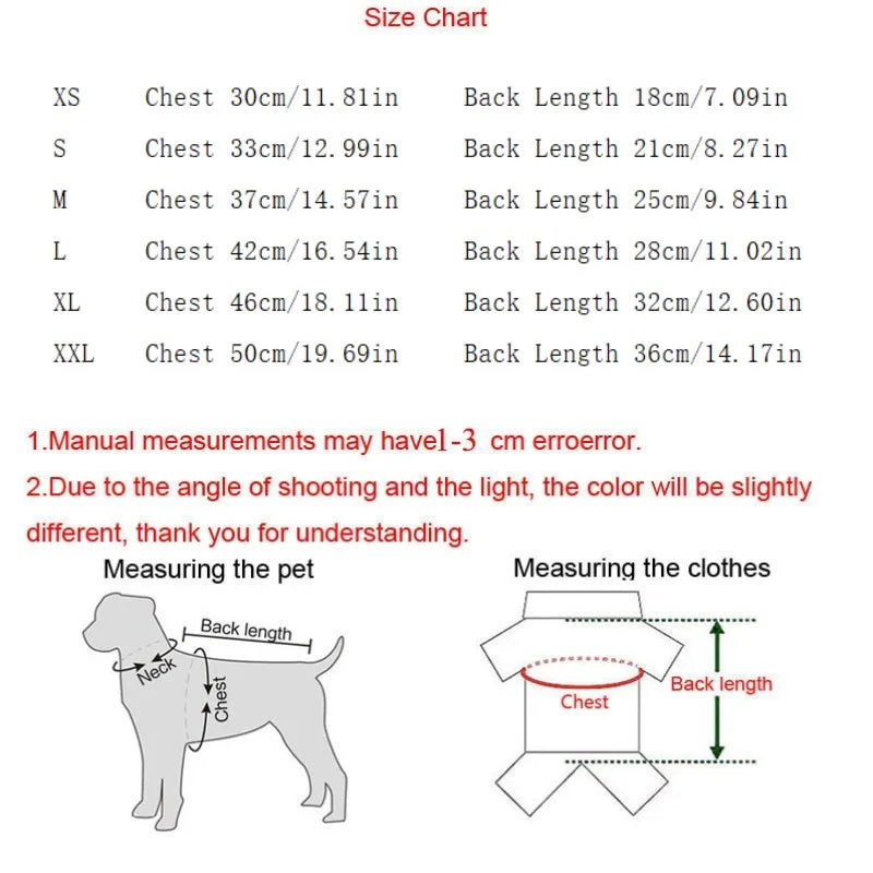 Size chart table listing pet and clothing sizes from XS to XXL with chest, neck, and back length measurements, plus two diagram illustrations showing how to measure a dog and a garment.