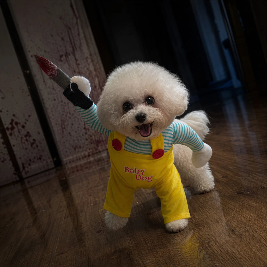Halloween Doll Pet Costume for Cats & Dogs, Funny Horror Outfit with 3D Human Arm and Felt Knife Prop, Adjustable Straps