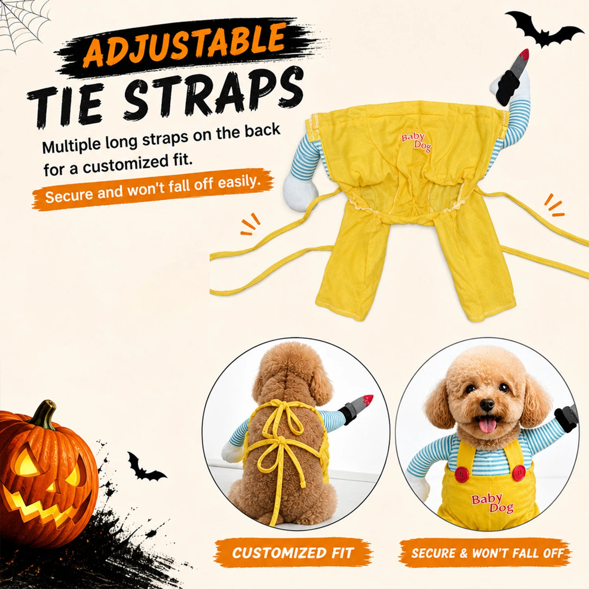 Halloween Doll Pet Costume for Cats & Dogs, Funny Horror Outfit with 3D Human Arm and Felt Knife Prop, Adjustable Straps