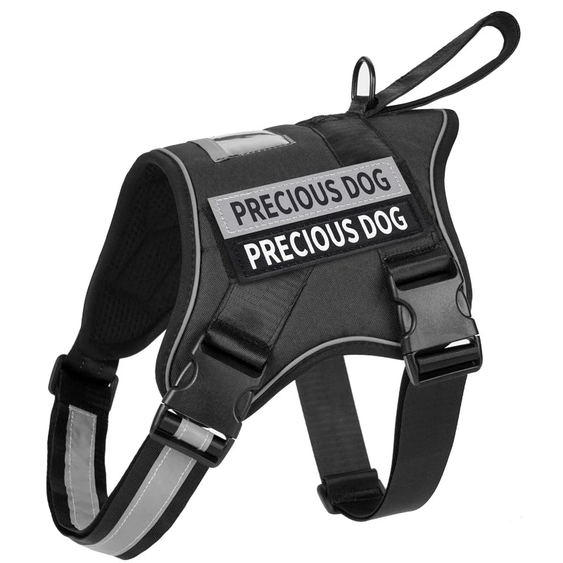 Black dog harness with 'PRECIOUS DOG' text on a white background